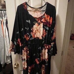 Floral stretchy Black Dress with Bell Sleeves